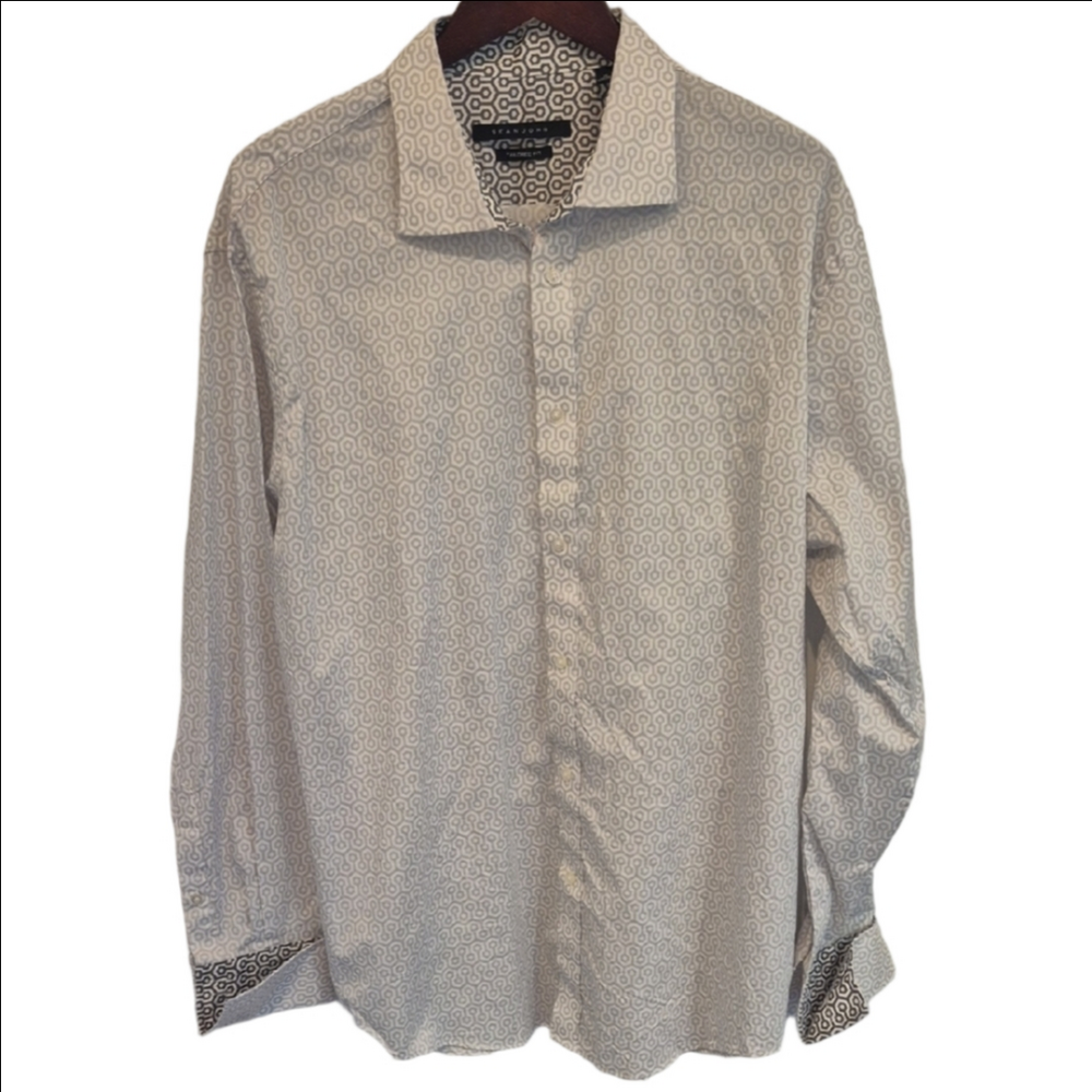 Sean John Elegant White And Grey Geometric Men's Dress Shirt 18 34/35